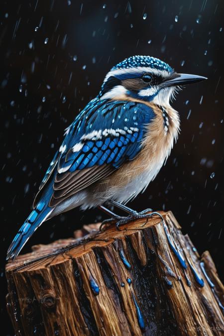 00131-544942318-detailed close-up of an elegant bird perched on a textured stump, predominantly black background, striking blue and white feathe.png